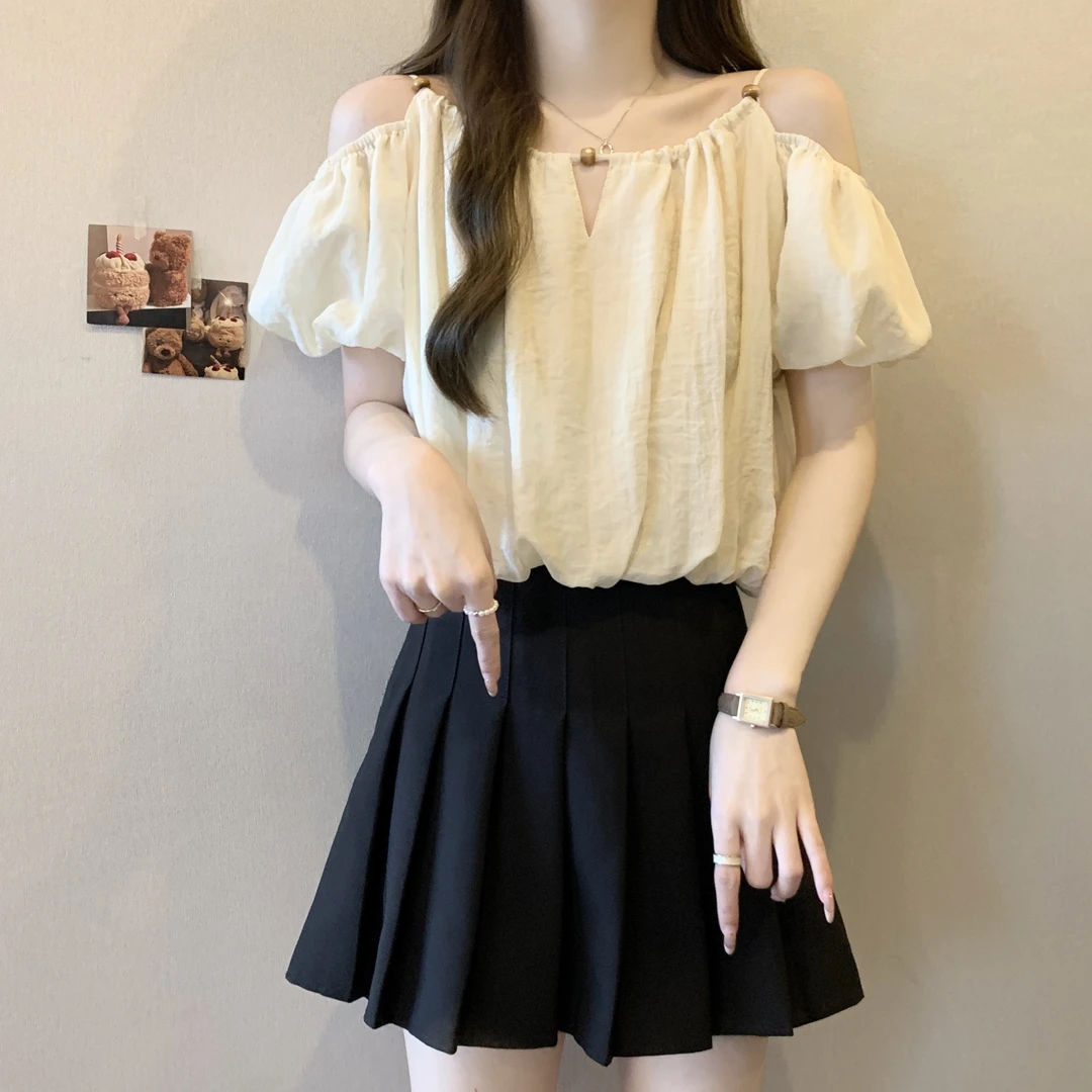 法式泡泡短袖雪纺衬衫女夏装大码胖mm显瘦短款绝美一字肩吊带上衣