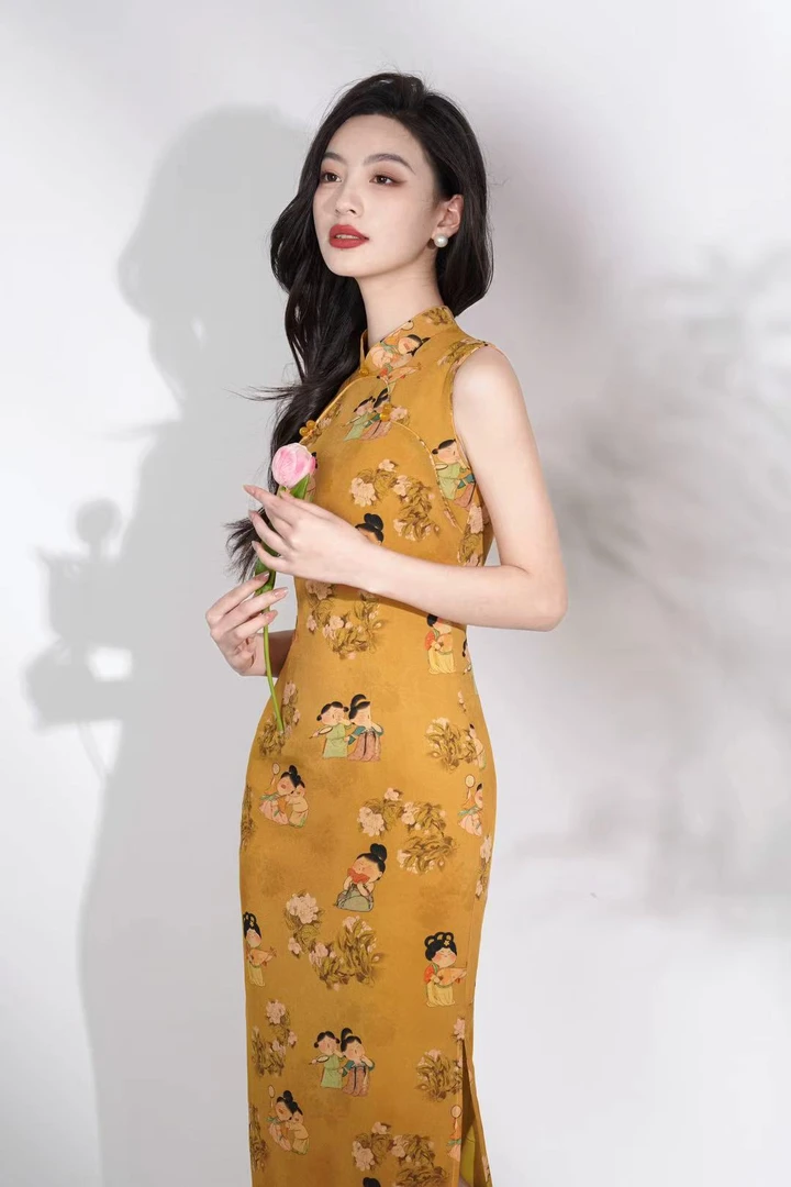 多姿旗袍小个子唐风夏季少女复古黄色中国风