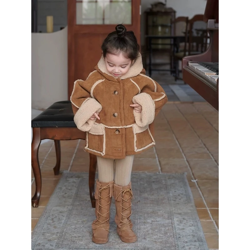 青仓价【BL-696】2025冬女童韩版新款咖色加厚双面穿羔羔毛外套