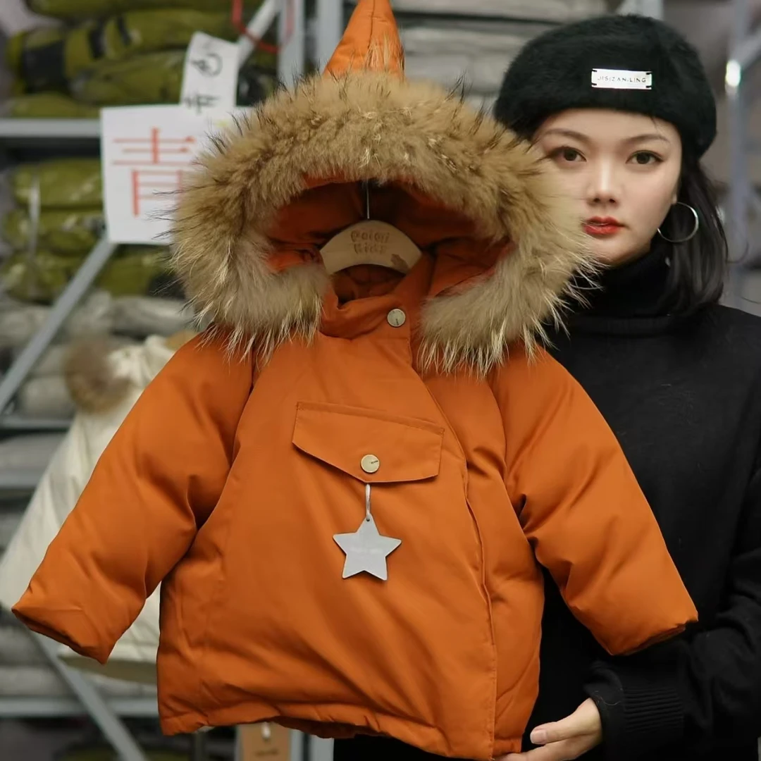 (羽绒服现货 断码青）真毛领斜拉链尖尖帽加绒羽绒服 TXB24782