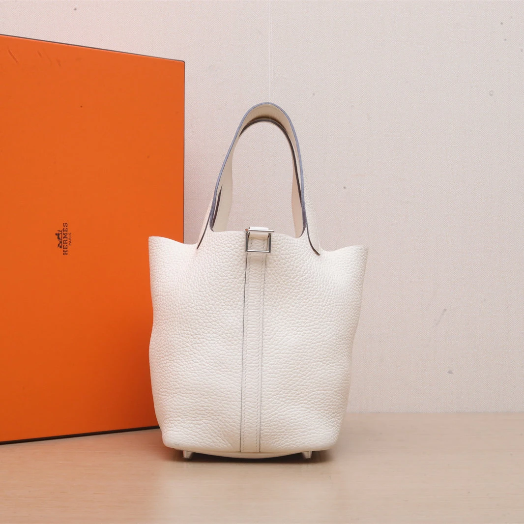 95新 Hermes/爱马仕 小花6珊 菜篮子 18 奶油白 TC皮 W刻 银扣