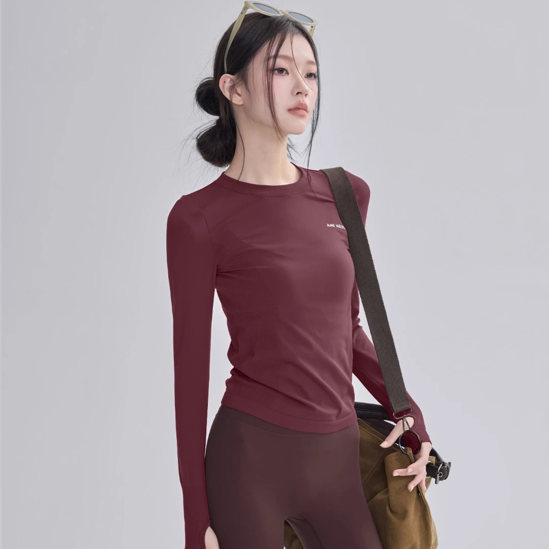 瑜伽服女显瘦圆领修身运动长袖跑步训练速干上衣健身普拉提打底衫