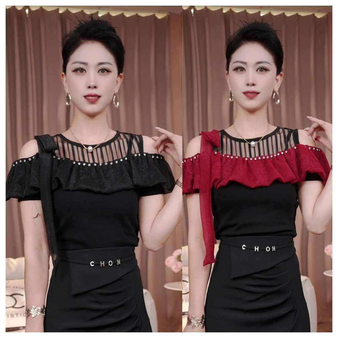 夏季新款气质名媛法式拼接设计感时尚露肩显瘦短袖T恤