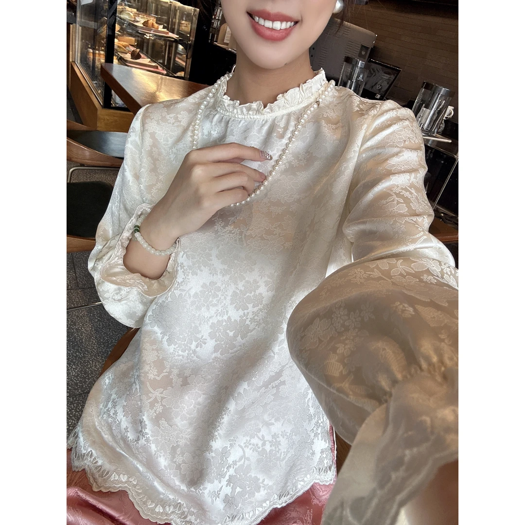 【老罗家】原创真丝衬衫女桑蚕丝花罗提花手重工刺绣法式木耳边上衣