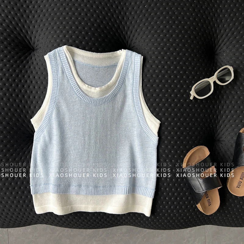 【小首尔】【灰色信函】m男女童夏清爽无袖针织假两件背心HBB7650