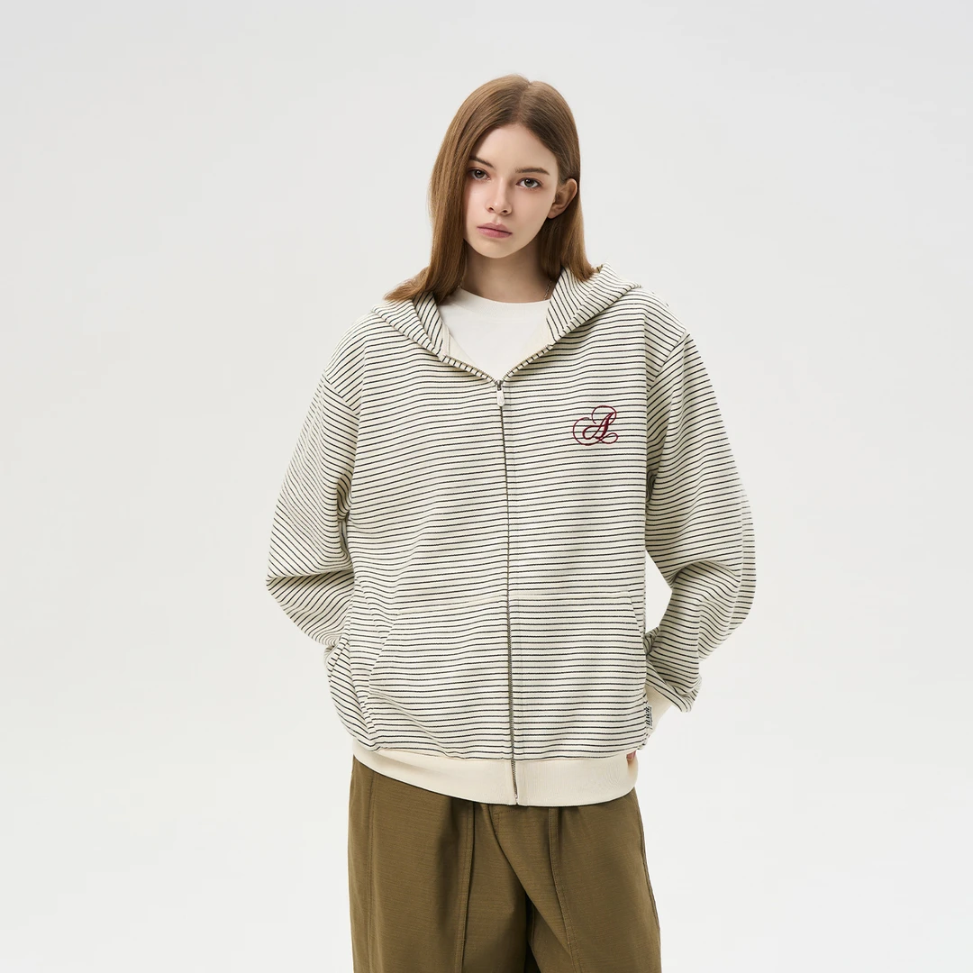 HACR绒感连帽条纹卫衣 美式复古刺绣宽松连帽开衫外套男女