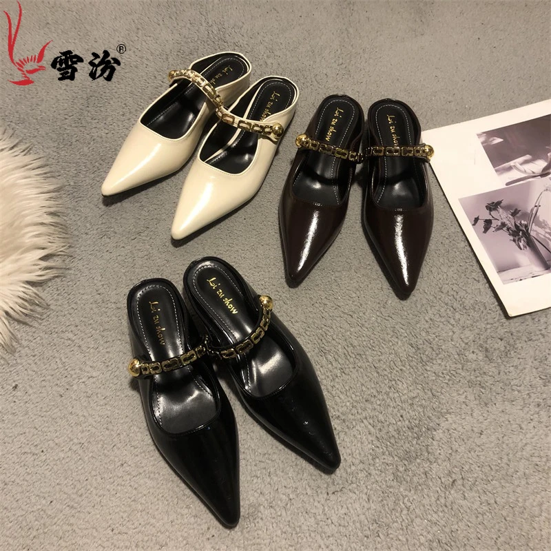 水晶网红韩版时尚外穿浅口中跟粗跟凉鞋+雪汾2025年春季日常适用