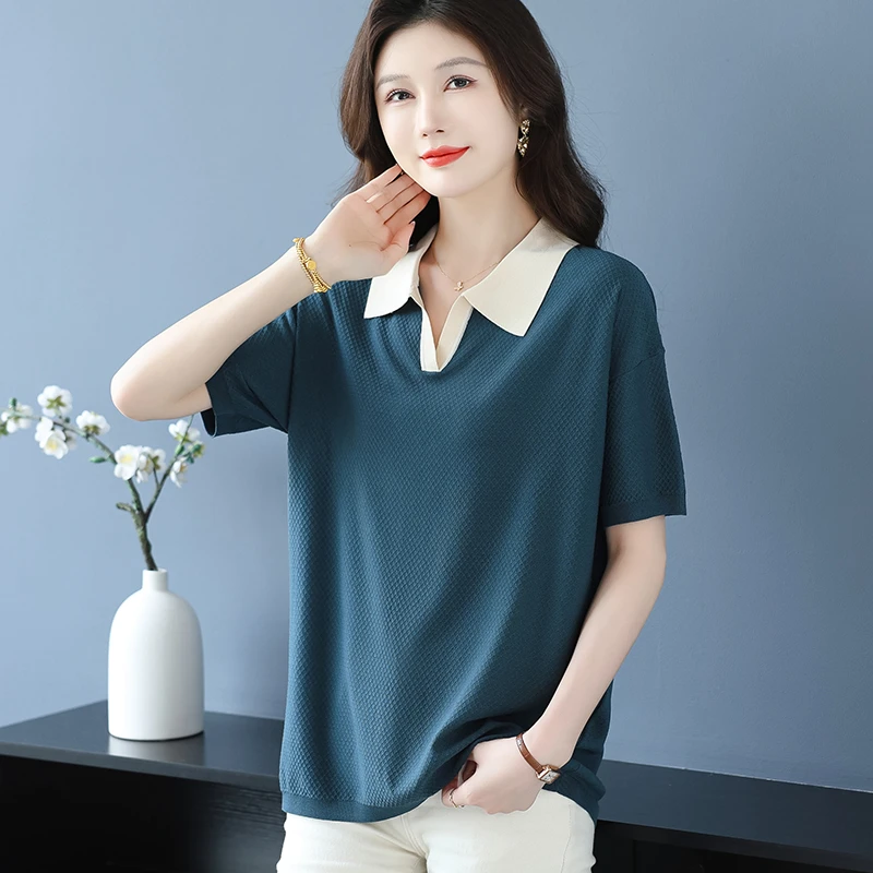 2025夏季大码女装短袖POLO翻领气质拼色假两件宽松慵懒风T恤上衣