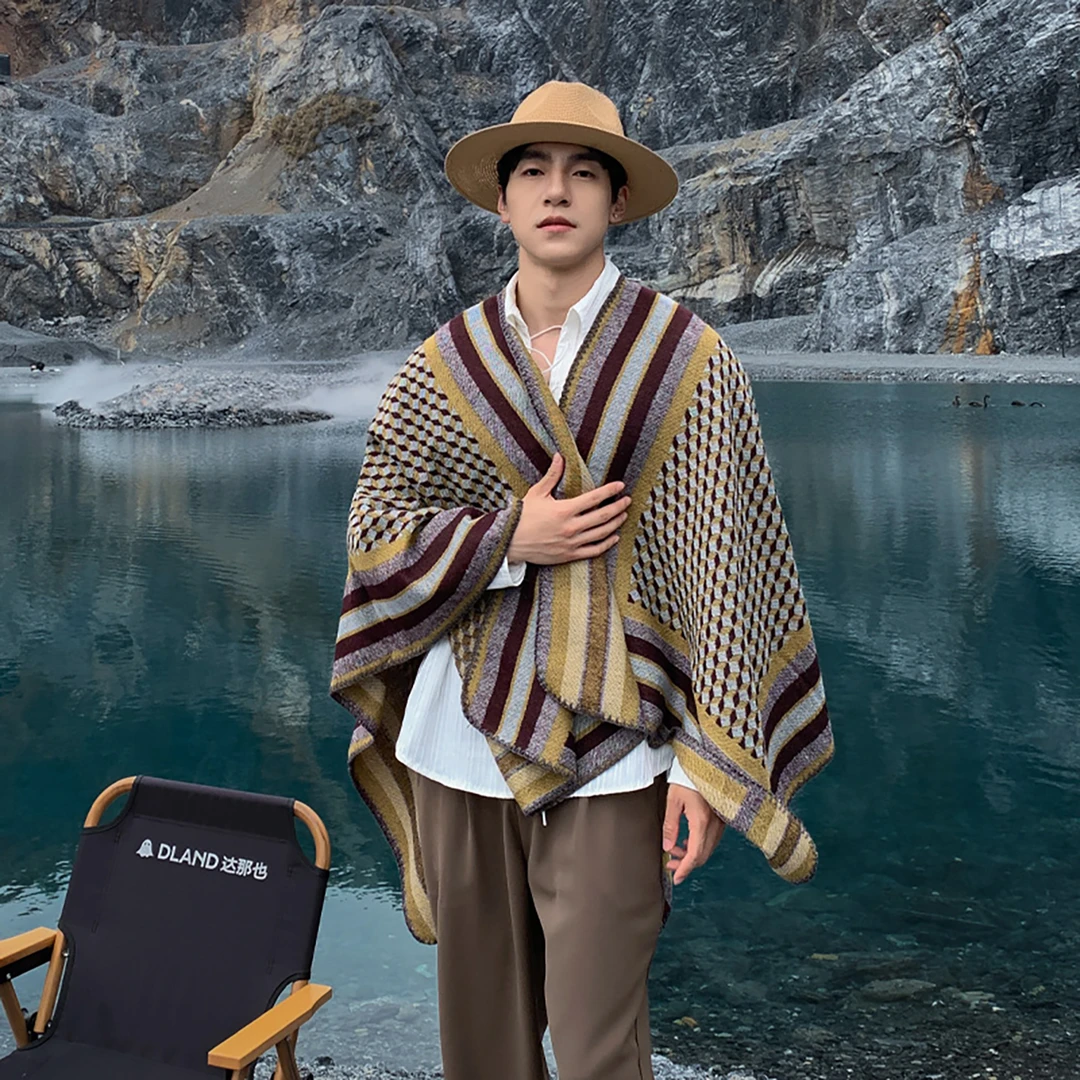 男士民族风披肩新疆西藏旅游拍照保暖外搭川西斗篷大披风围巾两用