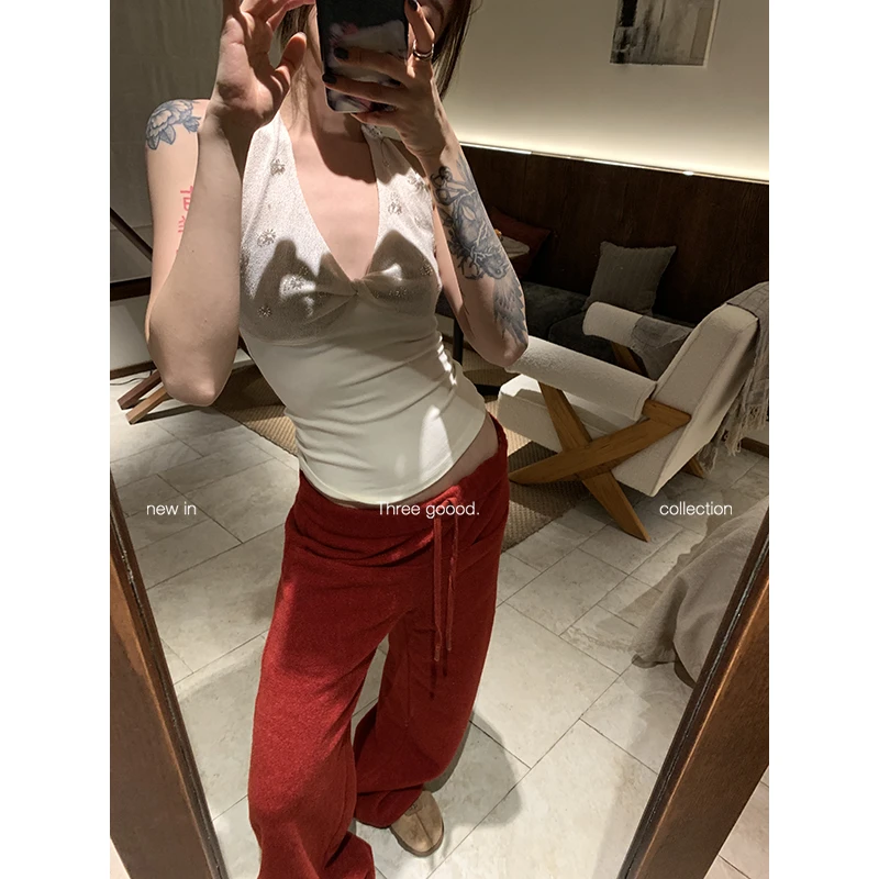 THREE GOOOD/三吉【一支雪糕】绛红旧调软糯糯绒感抽绳阔腿直筒长裤