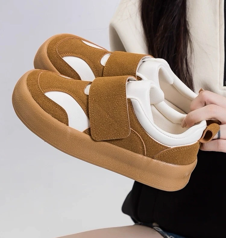 3227驼魔术贴板鞋女2023秋季新款休闲百搭透气丑萌学院风潮小白鞋