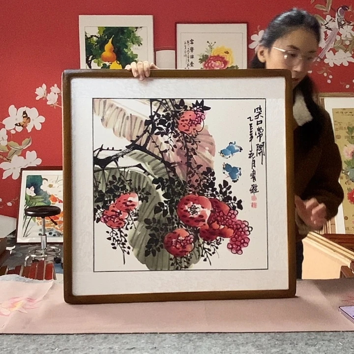 国画手写手绘带框包邮国画作品62✖️62