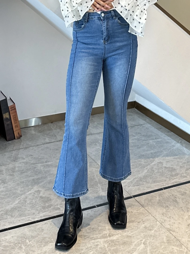 A&N   【洋洋盈耳】新款复古微喇高腰弹力修身显瘦喇叭裤