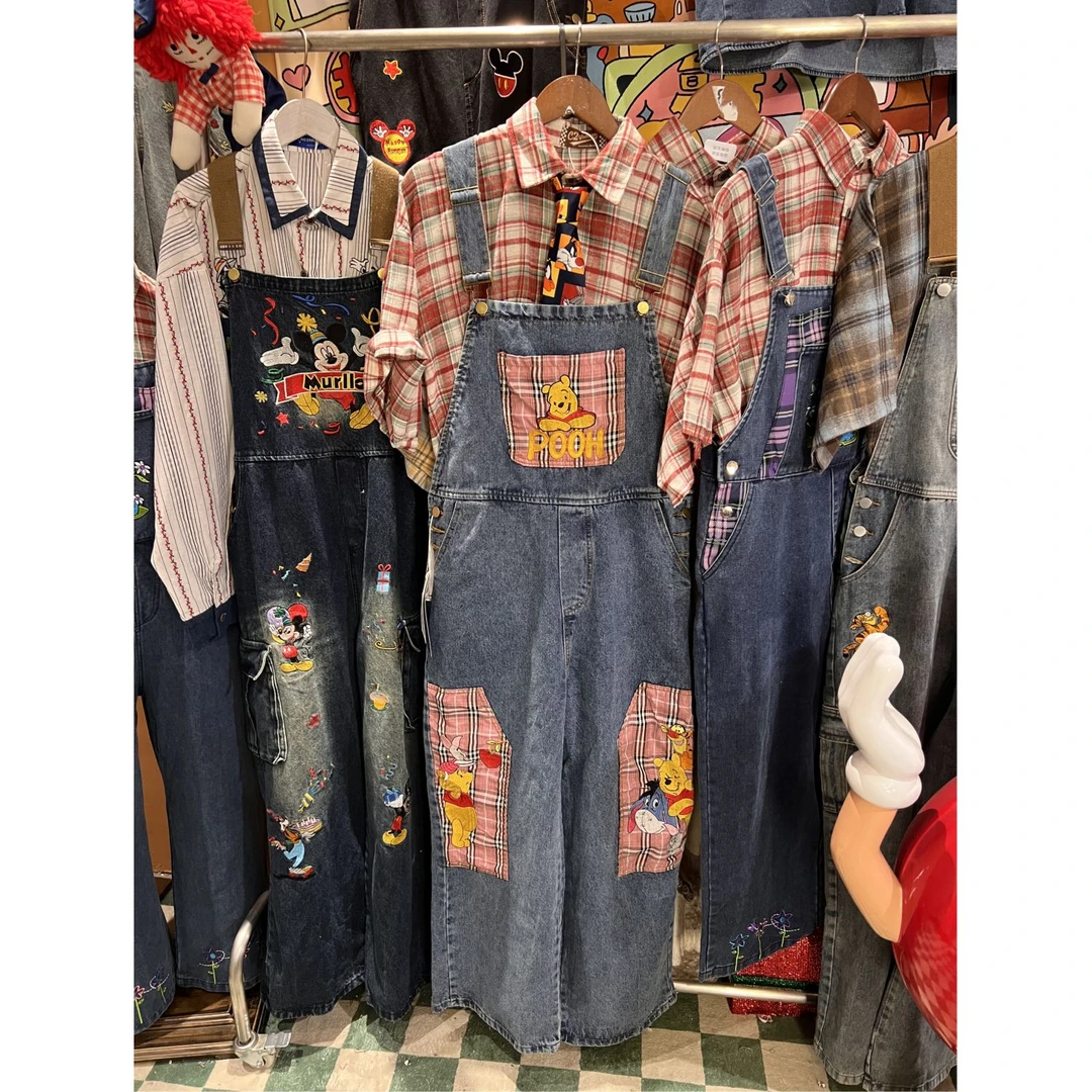 C2 VINTAGE维尼背带裤粉色格子水洗做旧连体裤男女