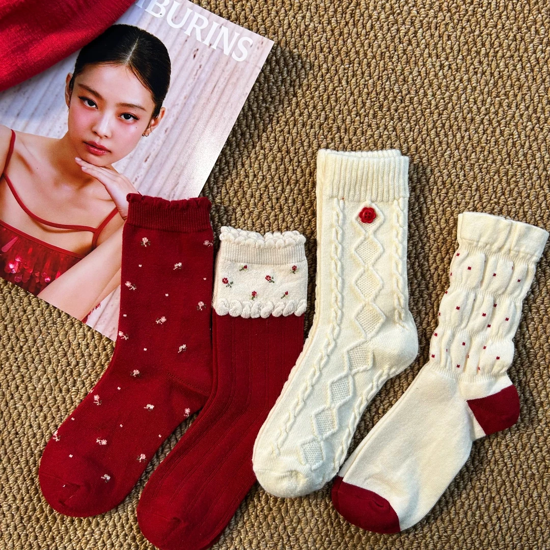 2025秋冬季羊毛韩版蝴蝶结中筒保暖条纹花卉中筒袜本命年