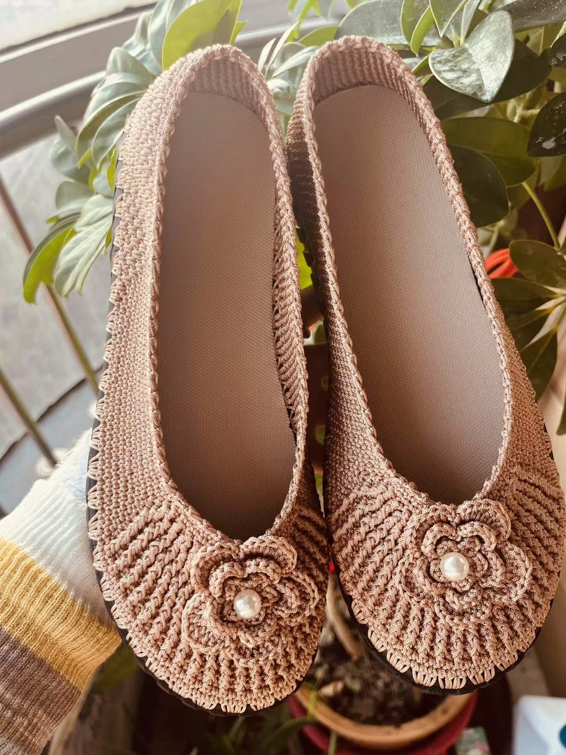 （舒适成品鞋）手工钩织牛筋底女士豆豆鞋妈妈鞋平底