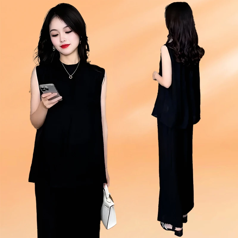 高级感时尚套装女2025年夏季新款洋气显瘦无袖上衣阔腿裤两件套潮