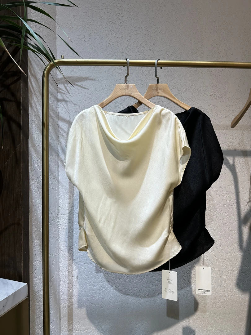 白黄色荡领t恤收腰显瘦形 不规则 不对称