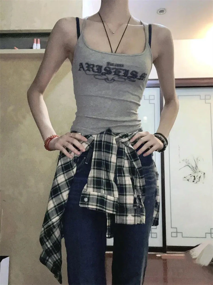 法式复古辣妹无袖t恤女夏季印花修身显瘦吊带背心收腰别致上衣ins