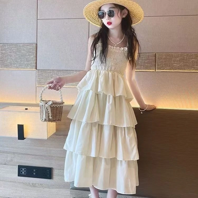女童连衣裙2025夏季中大儿童休闲无袖长裙洋气简约纯色沙滩蛋糕裙