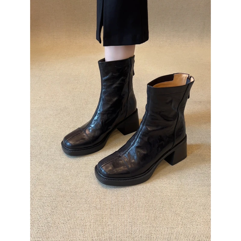 nnmiss·34-40/6.5cm复古手抓纹羊皮圆头后拉链短靴百搭粗跟瘦瘦靴