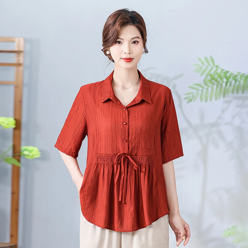 中老年妈妈装纯色宽松大码遮肉皱皱棉上衣小衫透气清爽25夏季新款