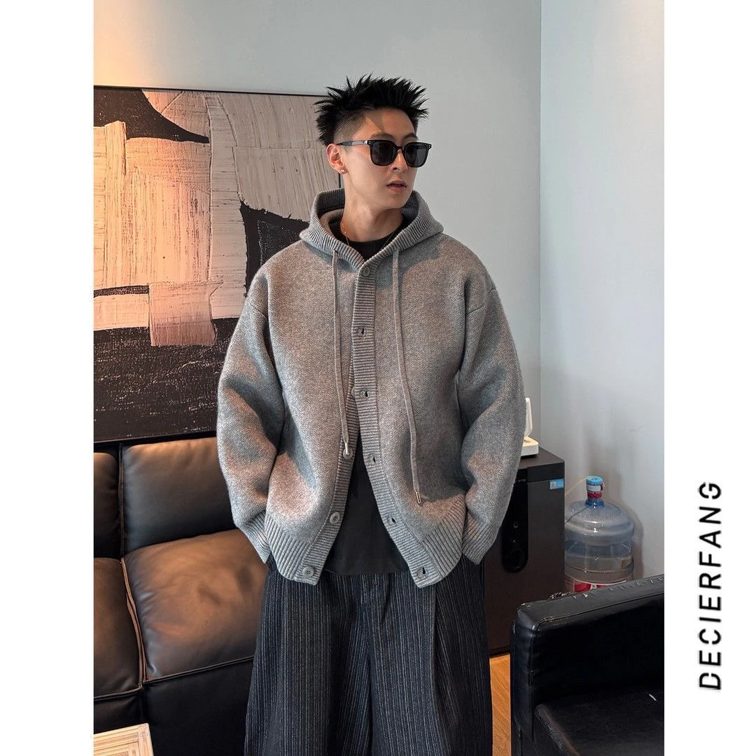 2025秋季新款连帽针织毛衣开衫休闲百搭男宽松情侣款长袖外套上衣