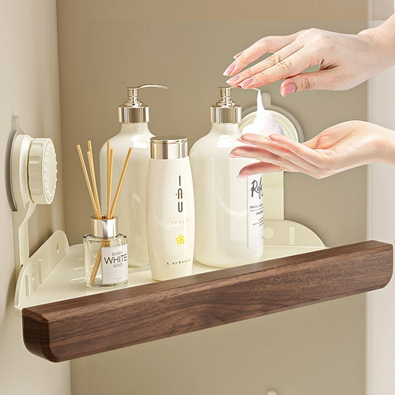 胡桃木美拉德吸盘浴室架子置物架卫生间厕所免打孔壁挂三角收纳架