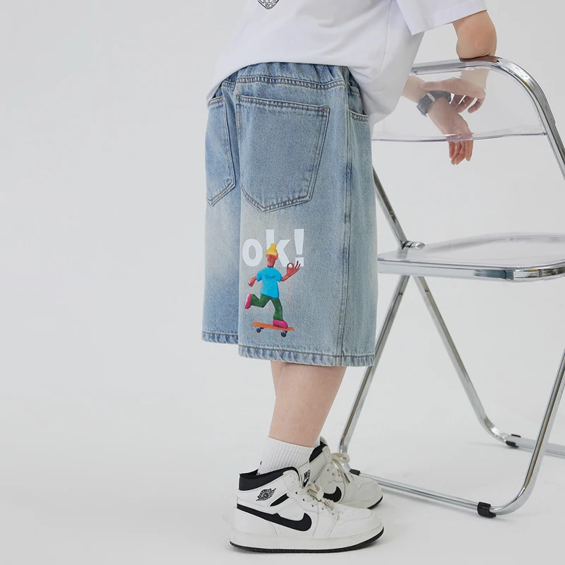男童夏季儿童牛仔短裤2025新款中大童个性卡通印花夏款牛仔裤短裤