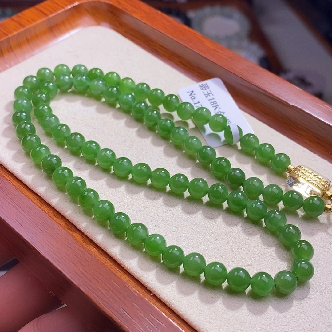 颈饰未镶嵌和田玉碧玉阳绿6mm项链金扣