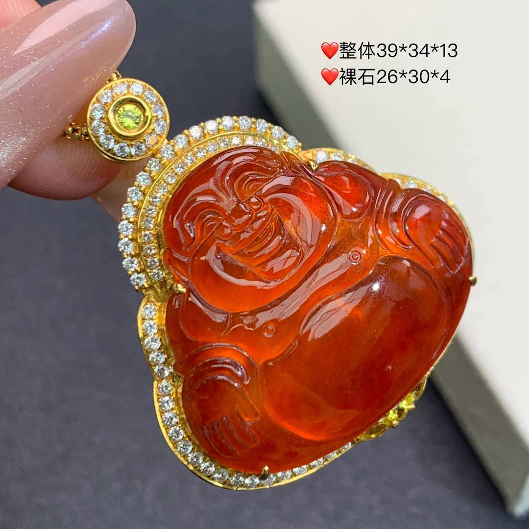 新品推荐·18K金高冰红翡佛公翡翠玉石缅A吊坠时尚气质满色俏色