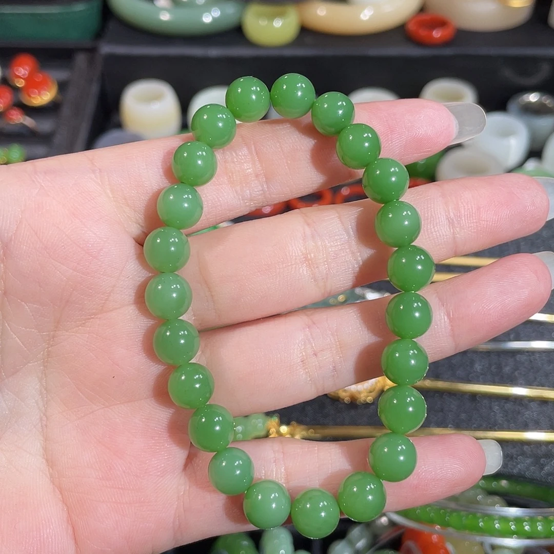 和田玉（碧玉）未镶嵌手串卡8 碧玉粉绿手串