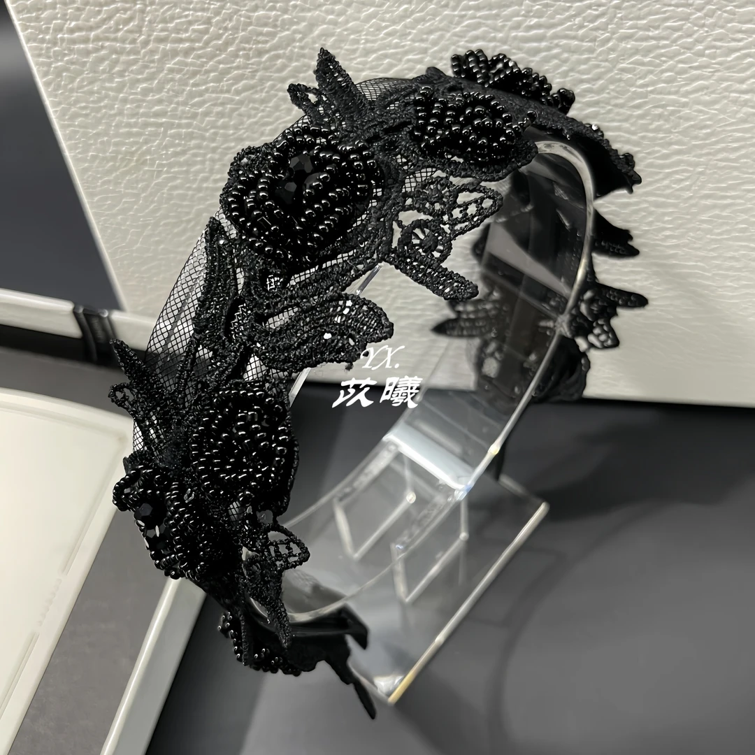 韩版气质优雅黑色蕾丝刺绣水晶珠花朵发箍复古高级感头箍轻奢发卡