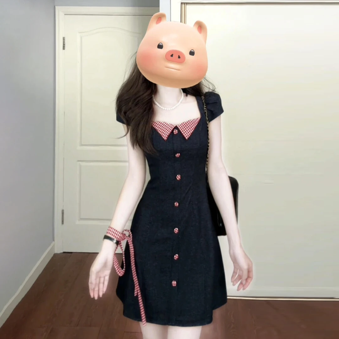 韩系复古撞色方领泡泡袖连衣裙女夏季2025新款小个子掐腰显瘦短裙