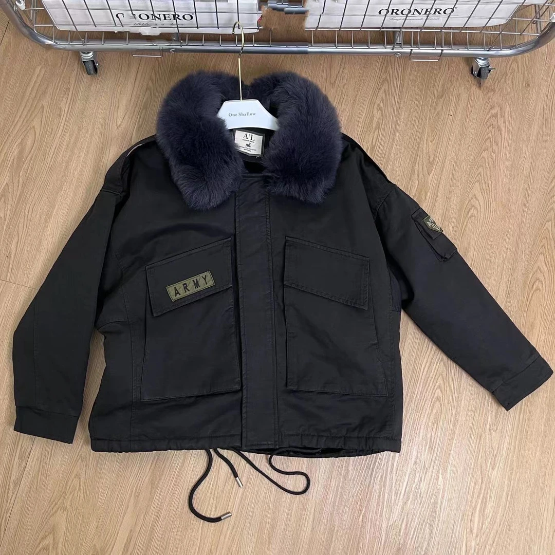 3192秋冬加绒加厚宽毛领工装大口袋派克服