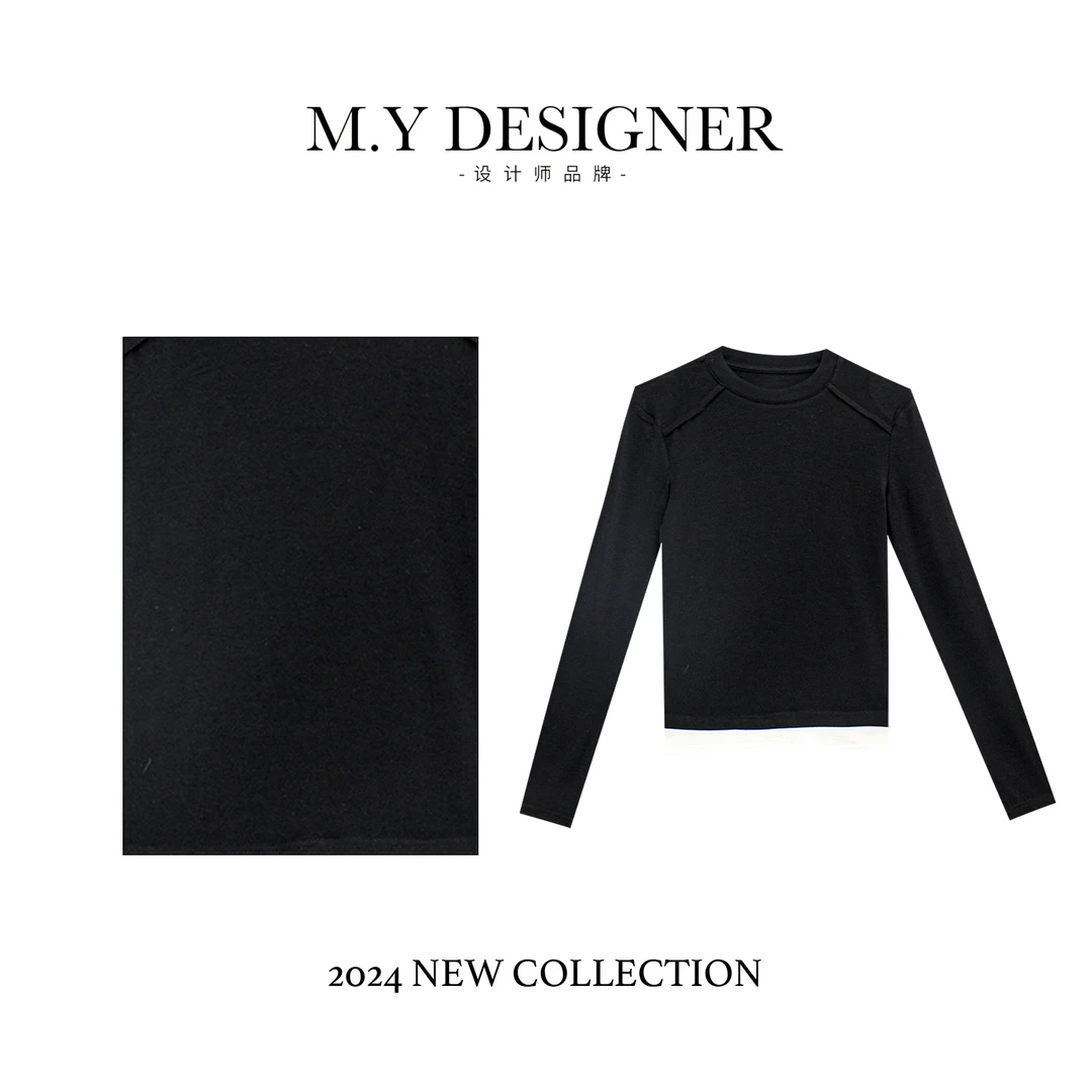 M.Y媛总 莱赛尔2024秋季新款女装简约撞色时尚圆领套头上衣1LY36