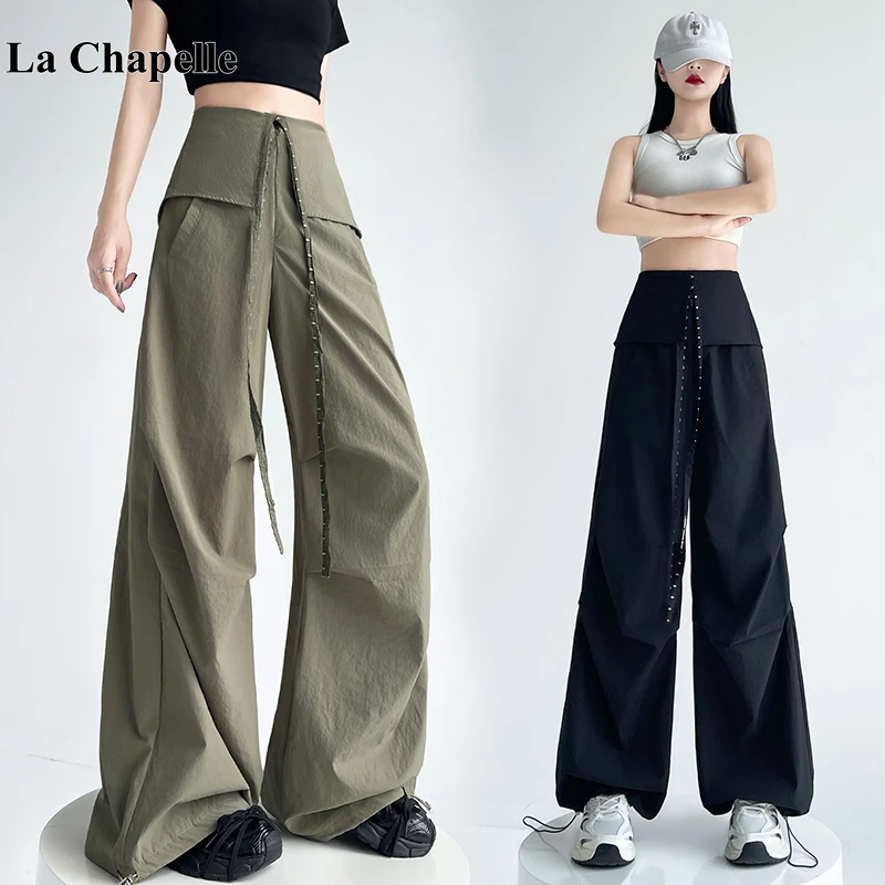 拉夏贝尔美式复古屁帘工装裤女夏季新款设计感小众宽松阔腿运动裤
