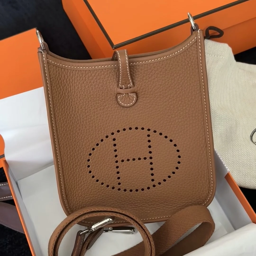 99新 Hermes/爱马仕 青奢荟/金棕银扣伊芙琳迷你斜挎包/74959