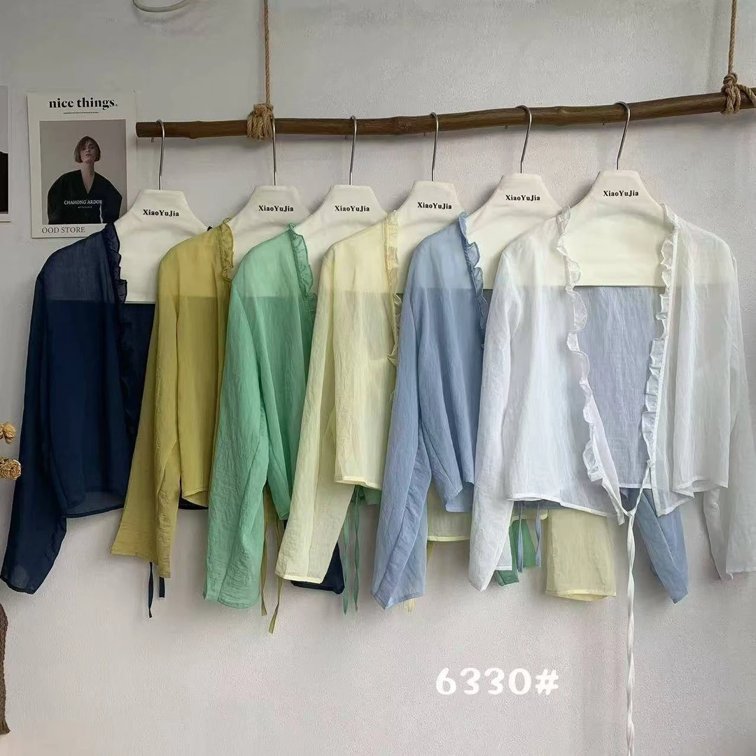 夏季新款韩版木耳边V领长袖宽松显瘦防晒衬衫上衣