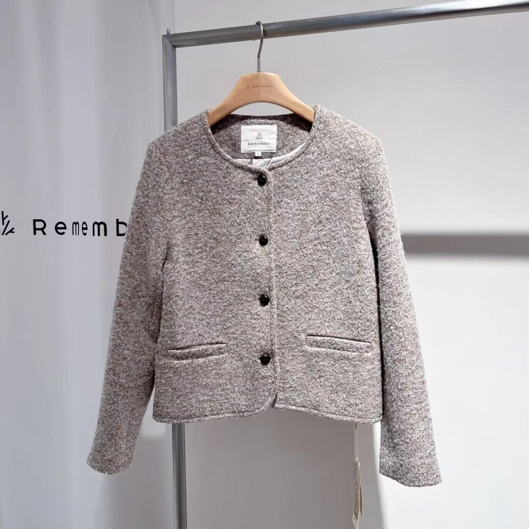 Remember极简风秋冬复古圆领夹克小香风