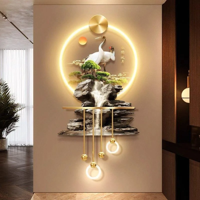 新中式丹顶鹤玄关装饰画迎客松走廊过道挂画流水生财入户带灯壁画