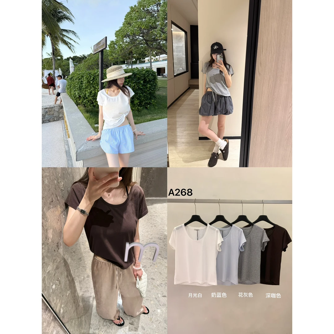 oker.-网红博主章壳儿档口巨显脸小大U领宽松休闲短袖T恤A268