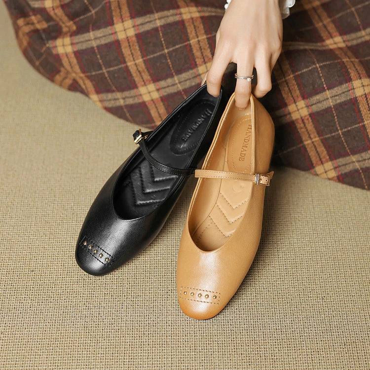 法式复古擦色一字带玛丽珍鞋子2025秋季新款百搭舒适软皮平底单鞋
