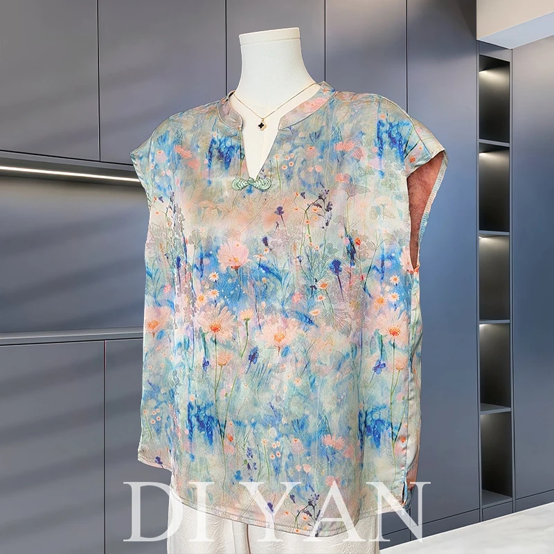 时尚妈妈夏装洋气套装2025新款雪纺上衣服中老年女装无袖国风T恤