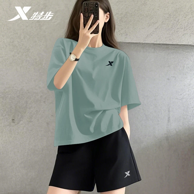 特步运动服套装女款2025新款秋冬速干宽松透气t恤短袖短裤两件套T