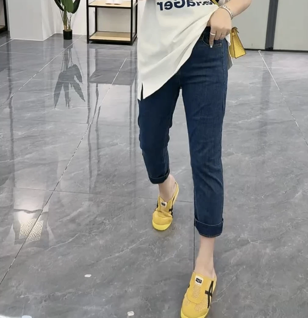 萱贝纯高腰显瘦直筒牛仔裤女2025秋冬薄款纸皮裤弹力修身烟管裤子