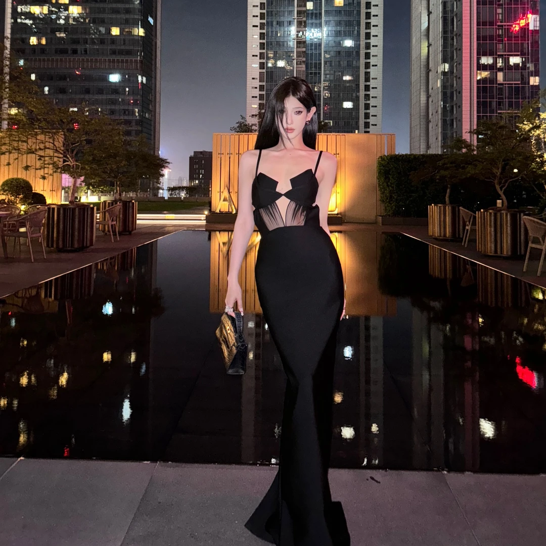 ChiclyNana黑色性感吊带连衣裙女欧美修身长款性感镂空网纱连衣裙