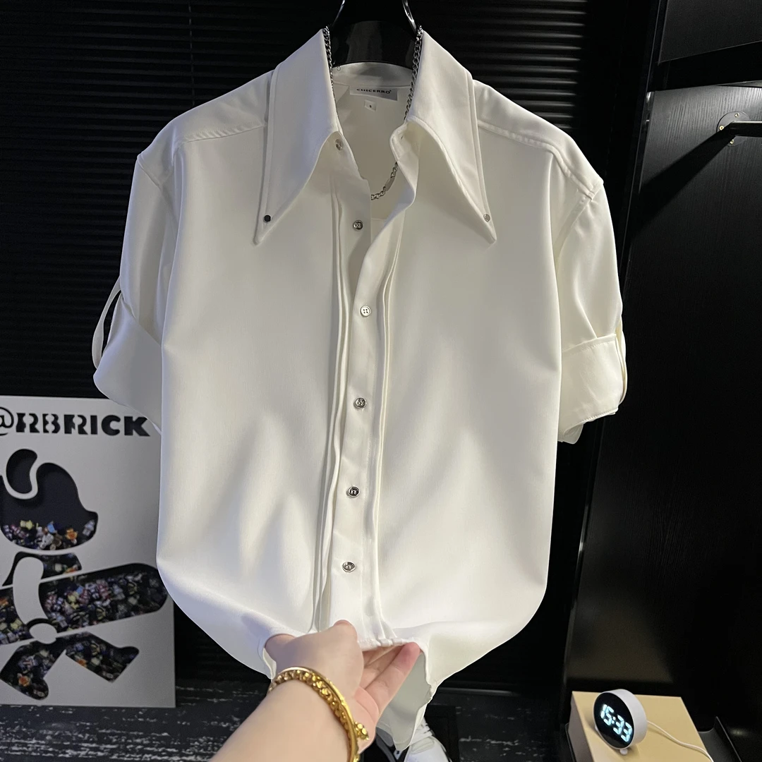 TQ-男装轻奢拼色高级氛围感个性休闲短袖衬衫男装商务百搭衬衣