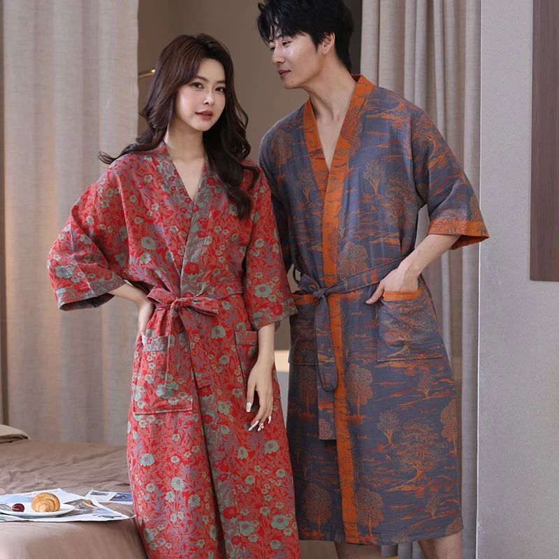 【店铺热销】纯棉纱布柔软睡裙宽松印花女士睡袍春秋款睡袍长款加长