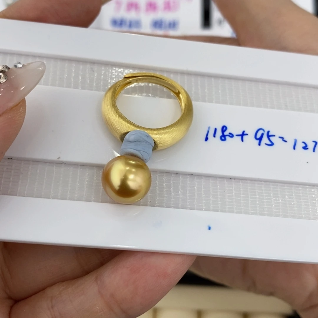银S925镶嵌戒圈海水珍珠10+金珠戒指 不退换